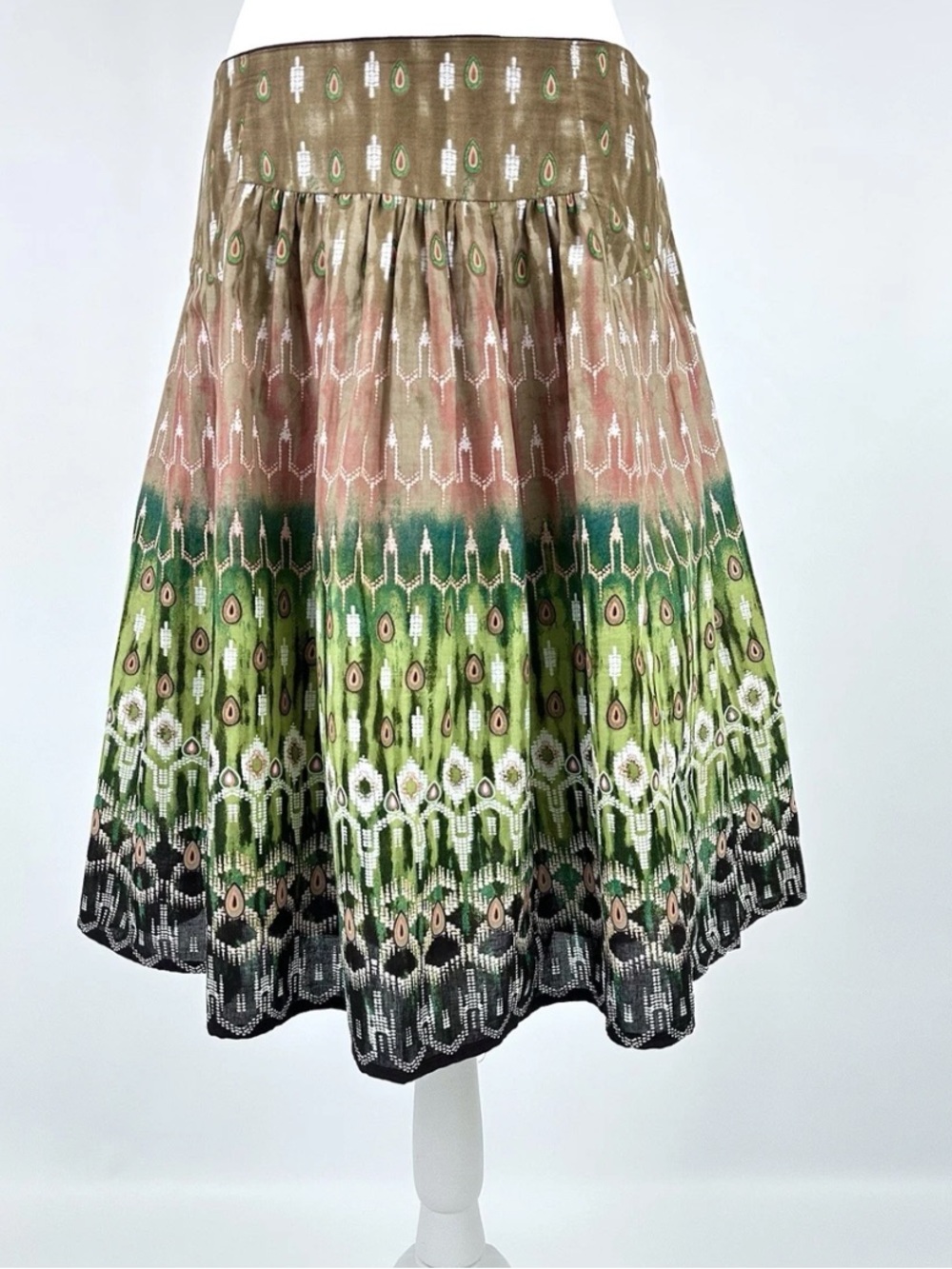 Vintage Sunny Leigh Size 12 Cotton Boho Pleated A-Line Skirt Geometric Print